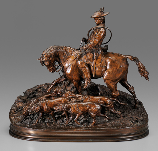Pierre-Jules Mêne was a member of the Animaliers, a 19th century French group of artists that used animals as the primary subject of their art. Valet de chasse Louis XV et sa harde is one of his most popular bronzes (est. $15,000/$20,000). Image courtesy Brunk Auctions.